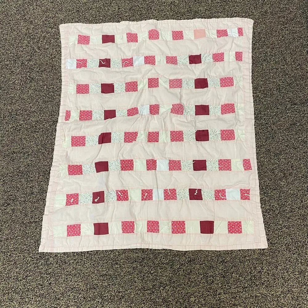Vintage Handmade Pink Patchwork Baby Quilt Cozy Cottagecore Girl Nursery Blanket